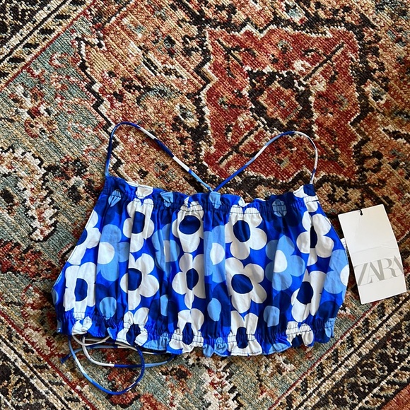 Zara Cotton Blue and White Floral Crop Top NWT - Picture 2 of 6